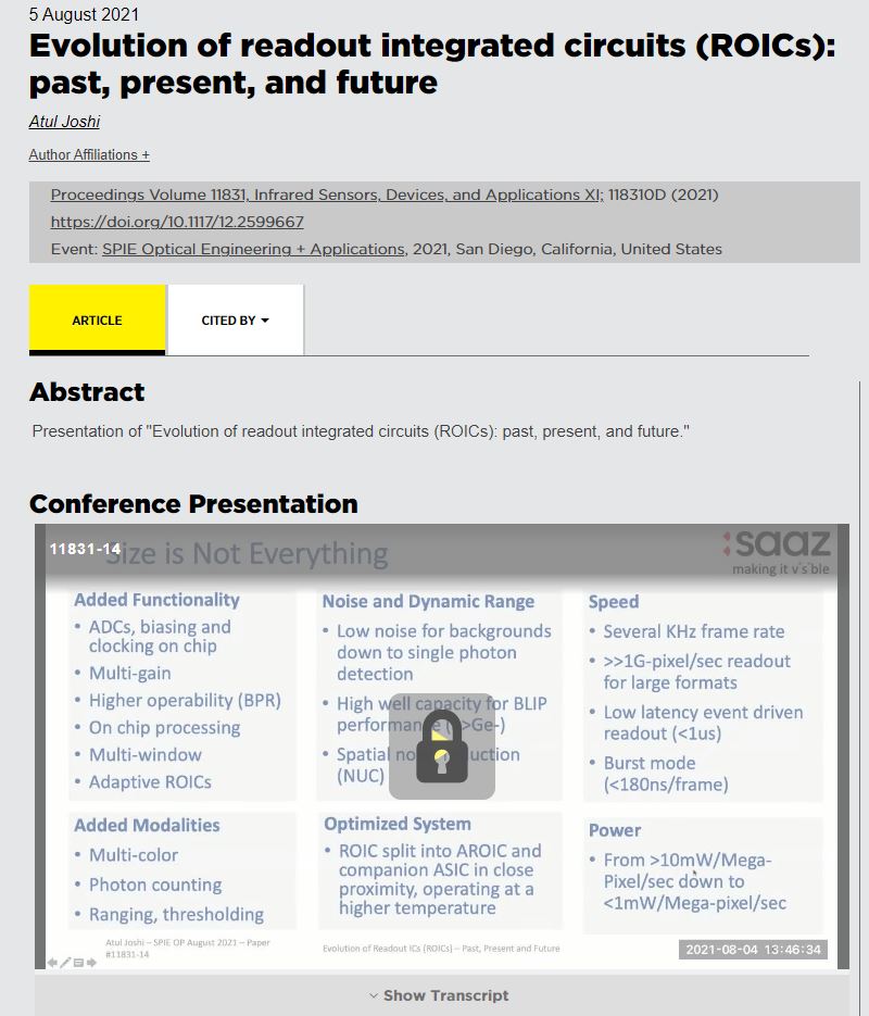 Atul Joshi, SAAZ CEO, invited for special talk on “Evolution of readout integrated circuits (ROICs): past, present, and future.” at SPIE Optics and Photonics international conference