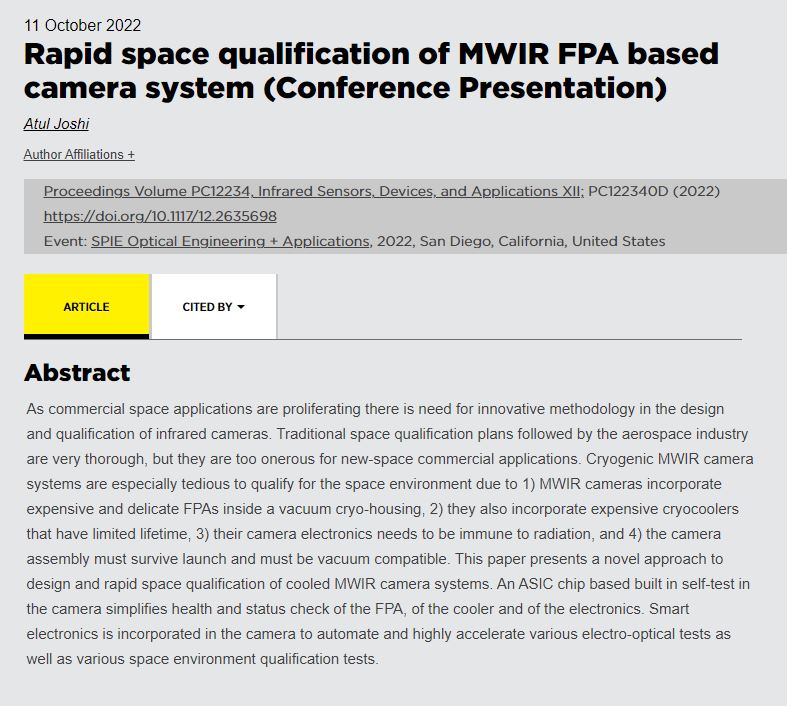 SAAZ presents rapid space qualification technology for IR cameras at SPIE Optics and Photonics international conference