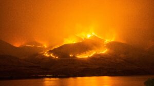 Wildfire burning across hillside terrain