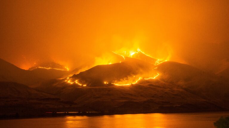 Wildfire burning across hillside terrain